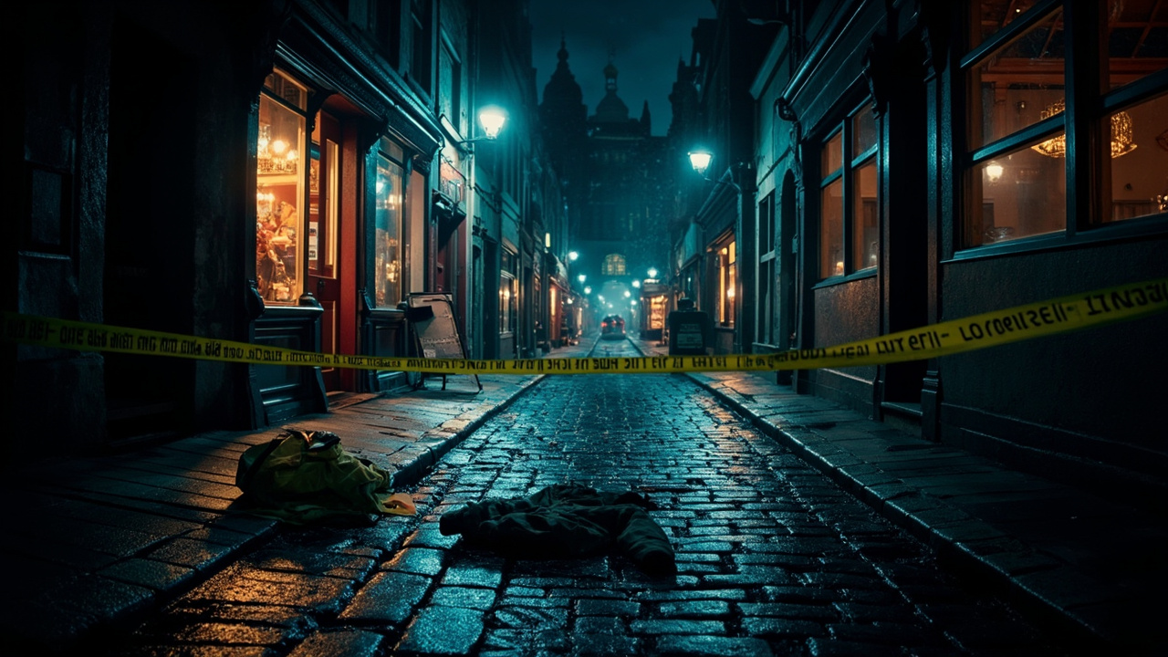 Empty wet cobblestone street at night with emergency vehicle lights and distant Christmas market glow