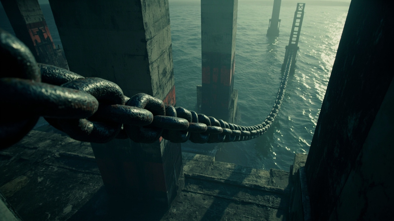 Heavy iron chains connect two concrete pillars over dark water in moody industrial setting