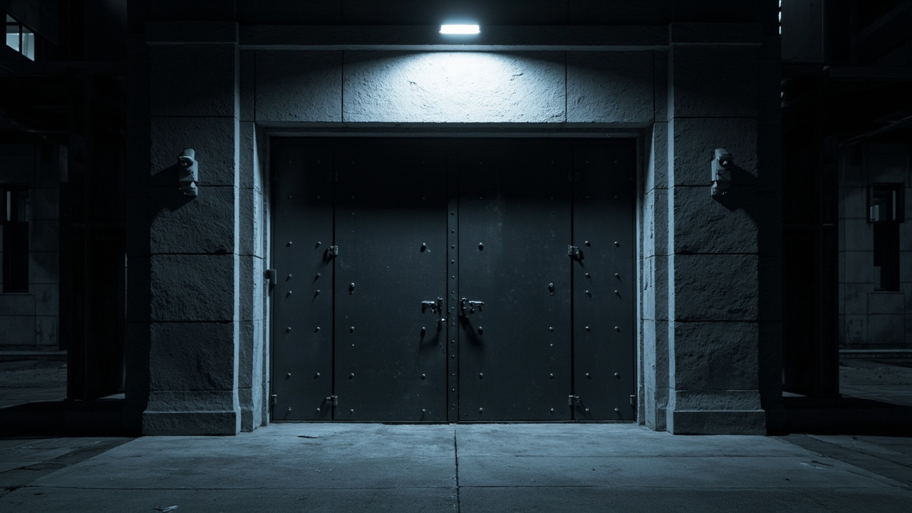 Heavy metal doors of government building with surveillance cameras mounted above, cold blue lighting, empty plaza