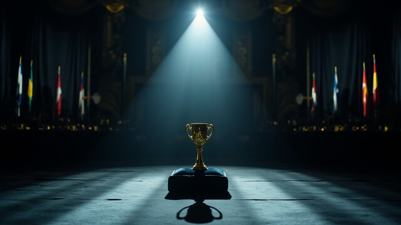 Golden trophy on dark velvet with international flags in shadowy ballroom