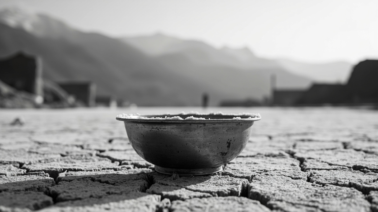 Empty metal bowl on frozen cracked earth with snow-capped mountains in background, symbolizing food scarcity crisis.