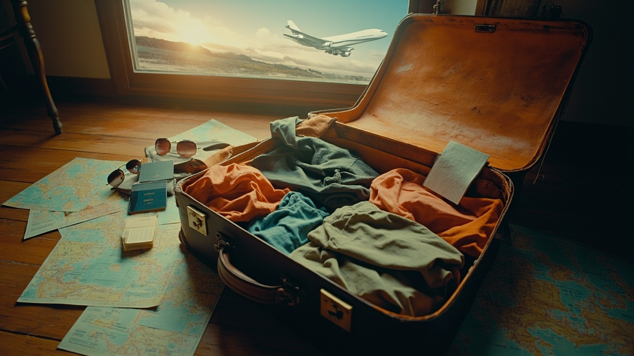 Open suitcase with travel items, maps, passport, and sunglasses on wooden surface with soft window light