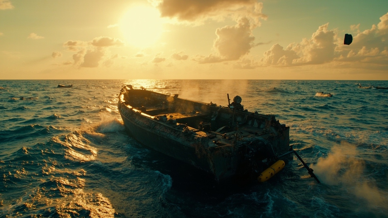 Damaged speedboat drifting in dark Caribbean waters with scattered debris and smoke trailing from engine compartment