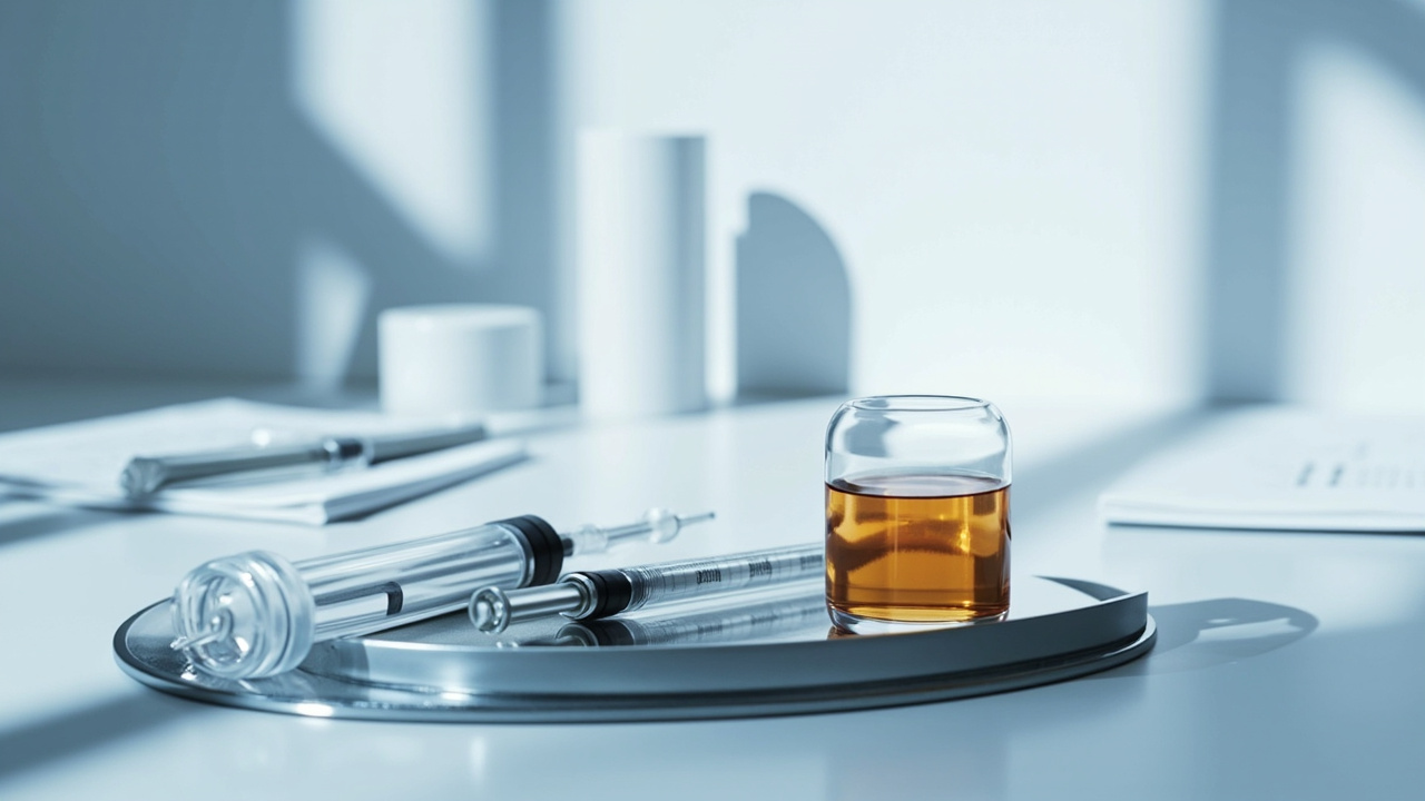 Empty glass vaccine vial and medical syringe rest on sterile steel tray under harsh clinical lighting