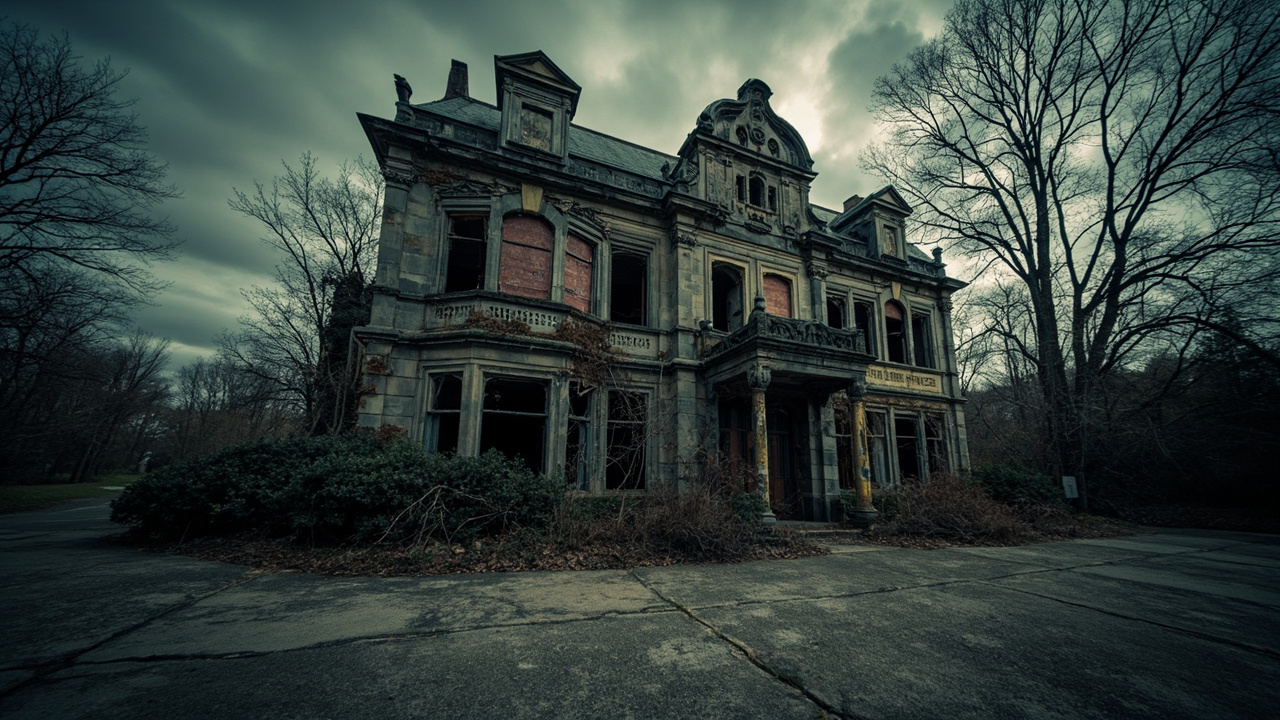 Neglected grand mansion with weathered stone walls and overgrown gardens in Windsor