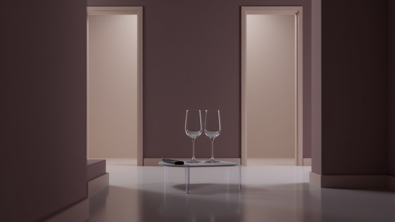 Two wine glasses and remote control on coffee table in dim living room