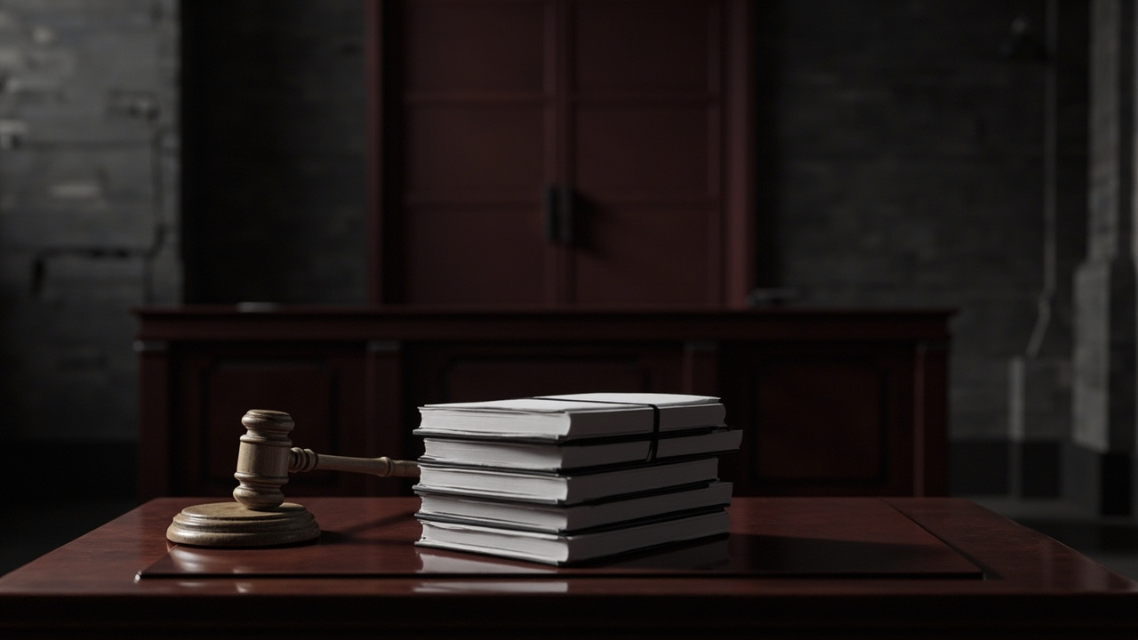 Wooden gavel beside stacked legal documents on courtroom desk with empty judge's bench in background