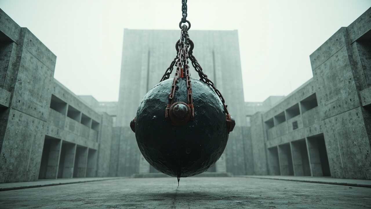 Steel wrecking ball suspended on thick chains before brutalist concrete government building facade in overcast light