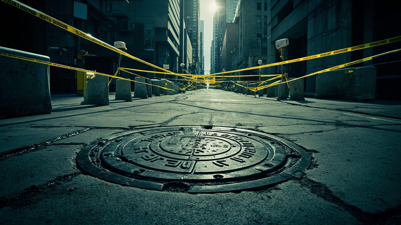 Sealed manhole cover with security tape on empty street, barriers and concrete blocks visible in government district