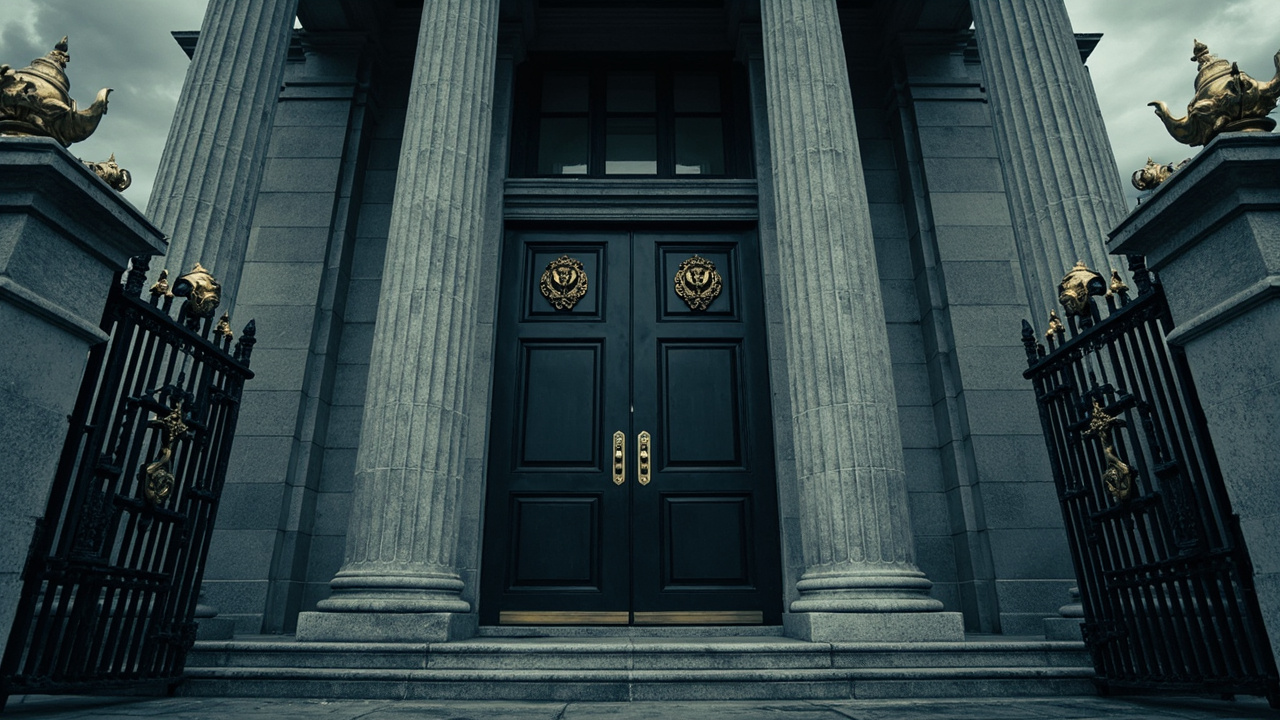 Closed heavy doors of government building with official seals, gray stone facade and iron fixtures under overcast sky