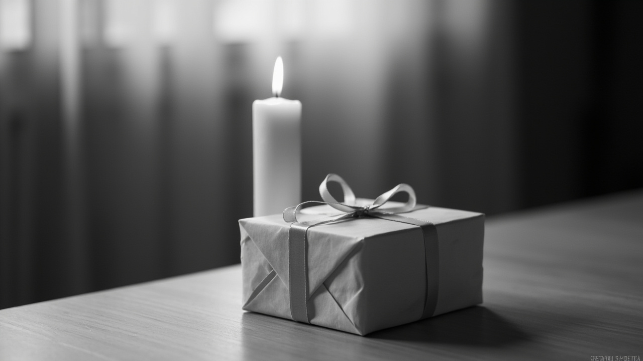 White candle beside wrapped gift box on table with soft natural light