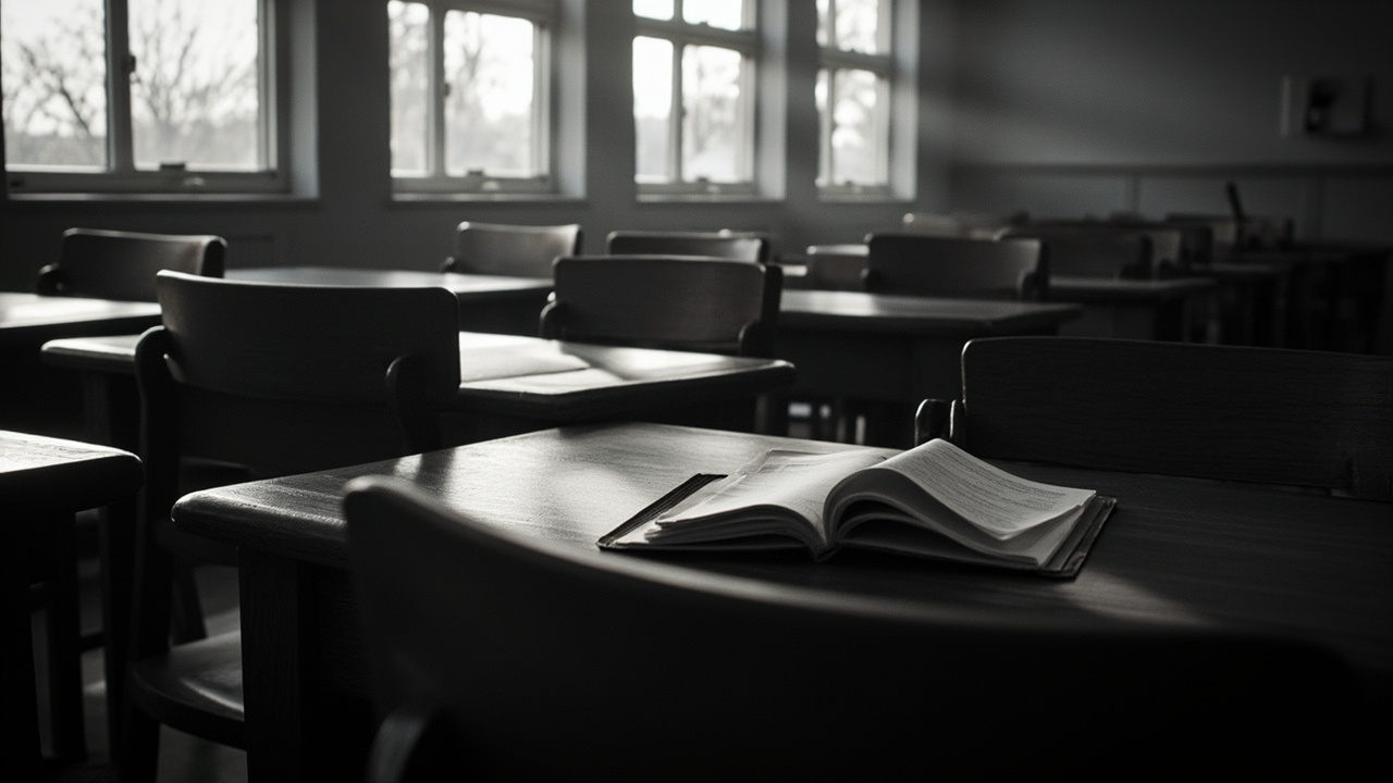 Empty classroom with blue chairs and desks, natural light streaming through windows, textbooks on surfaces
