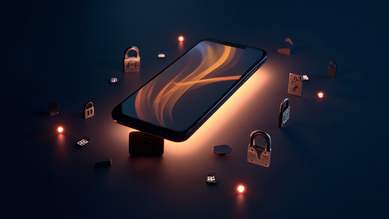 Smartphone glowing in darkness surrounded by padlock icons and warning symbols representing digital safety legislation