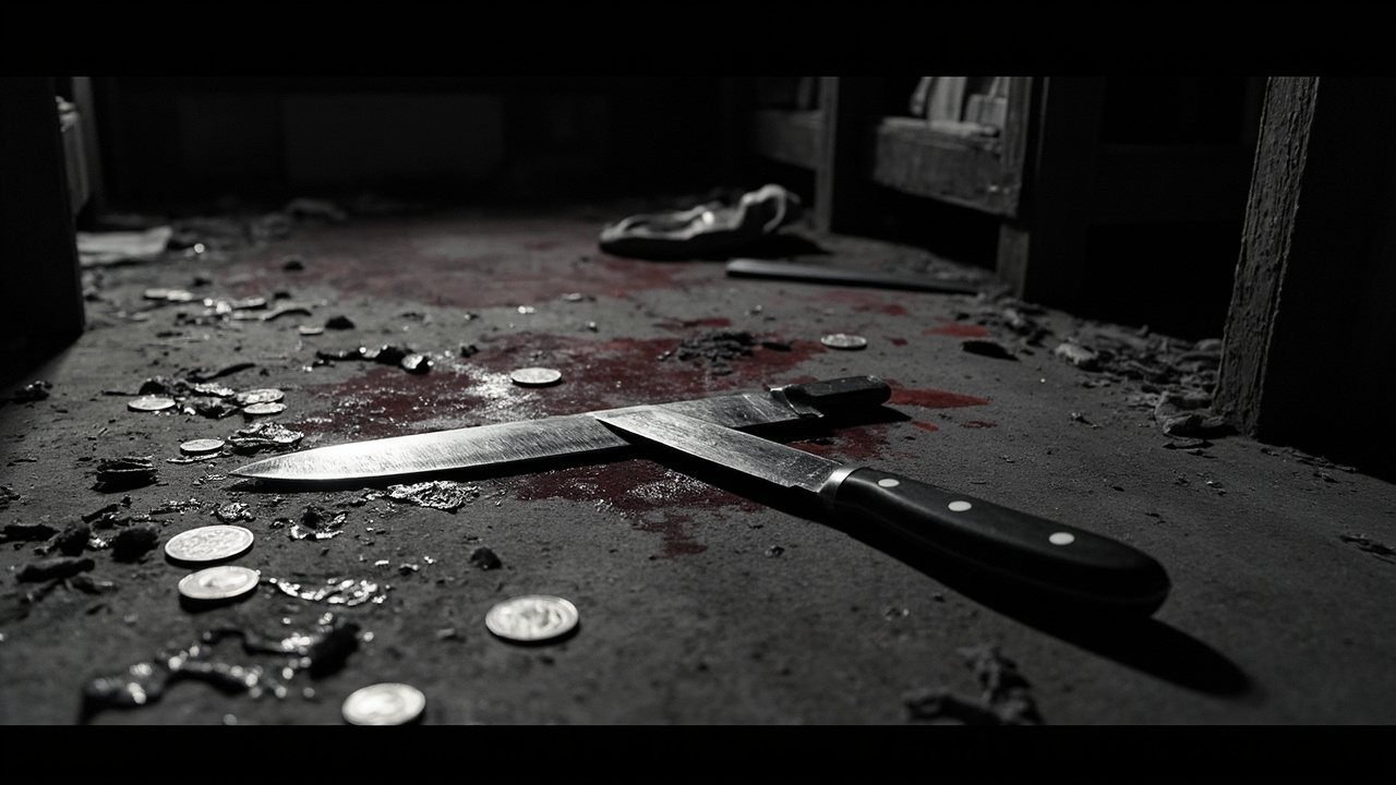 Machete and scattered coins on dark stained floor in empty shop interior, evidence of violent robbery