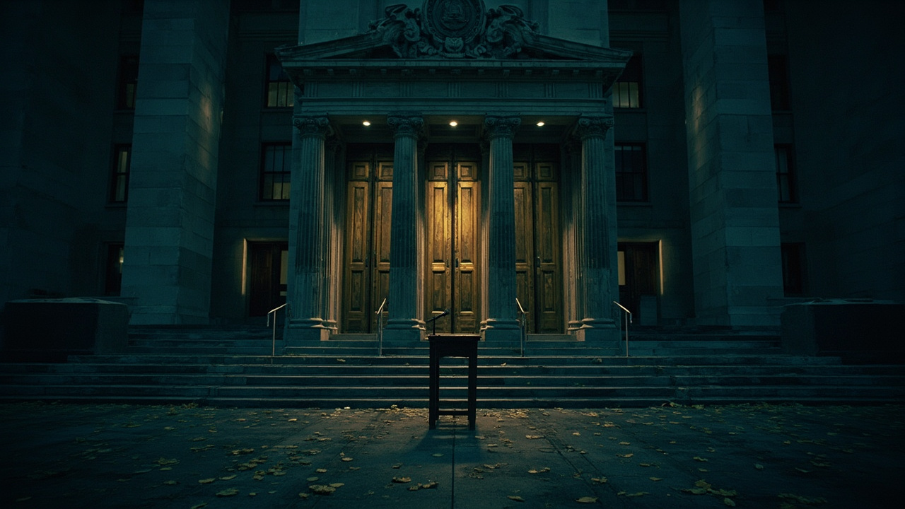 Empty government building entrance with closed doors and abandoned podium on stone steps at dusk