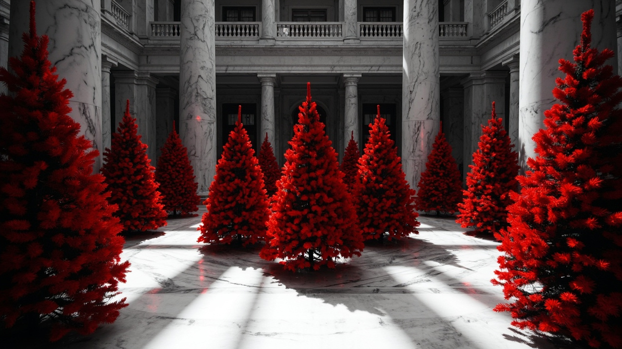 Red conical Christmas trees arranged in white marble hallway with classical architecture and holiday garlands