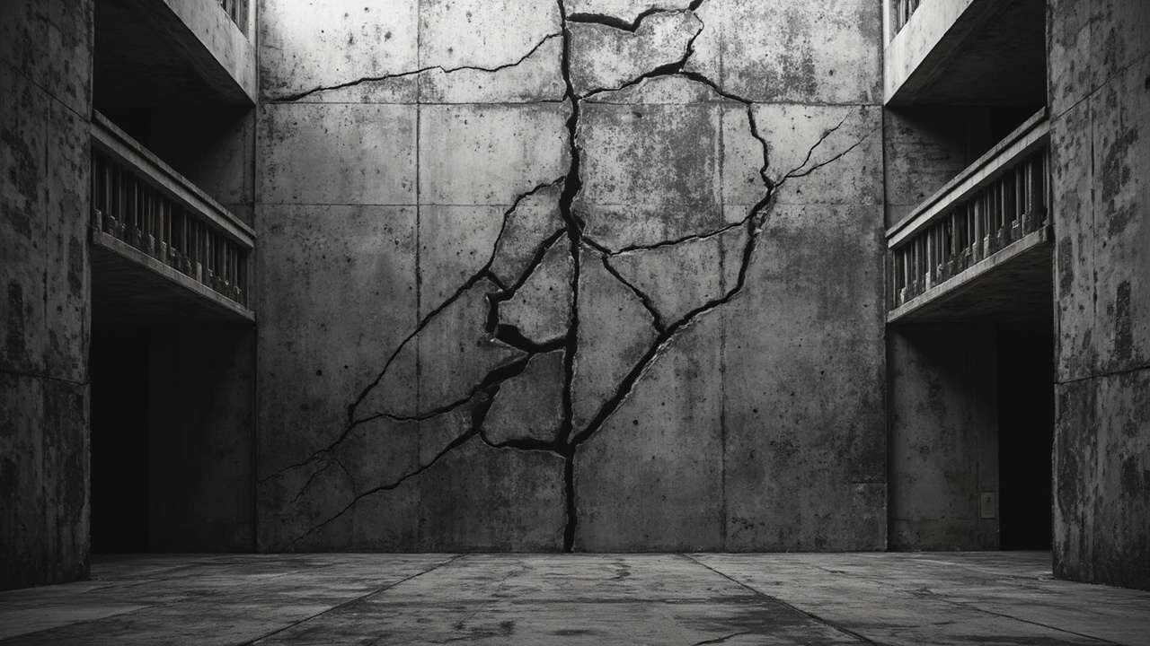 Cracked concrete barrier dividing two empty political chambers in contrasting lighting and shadow