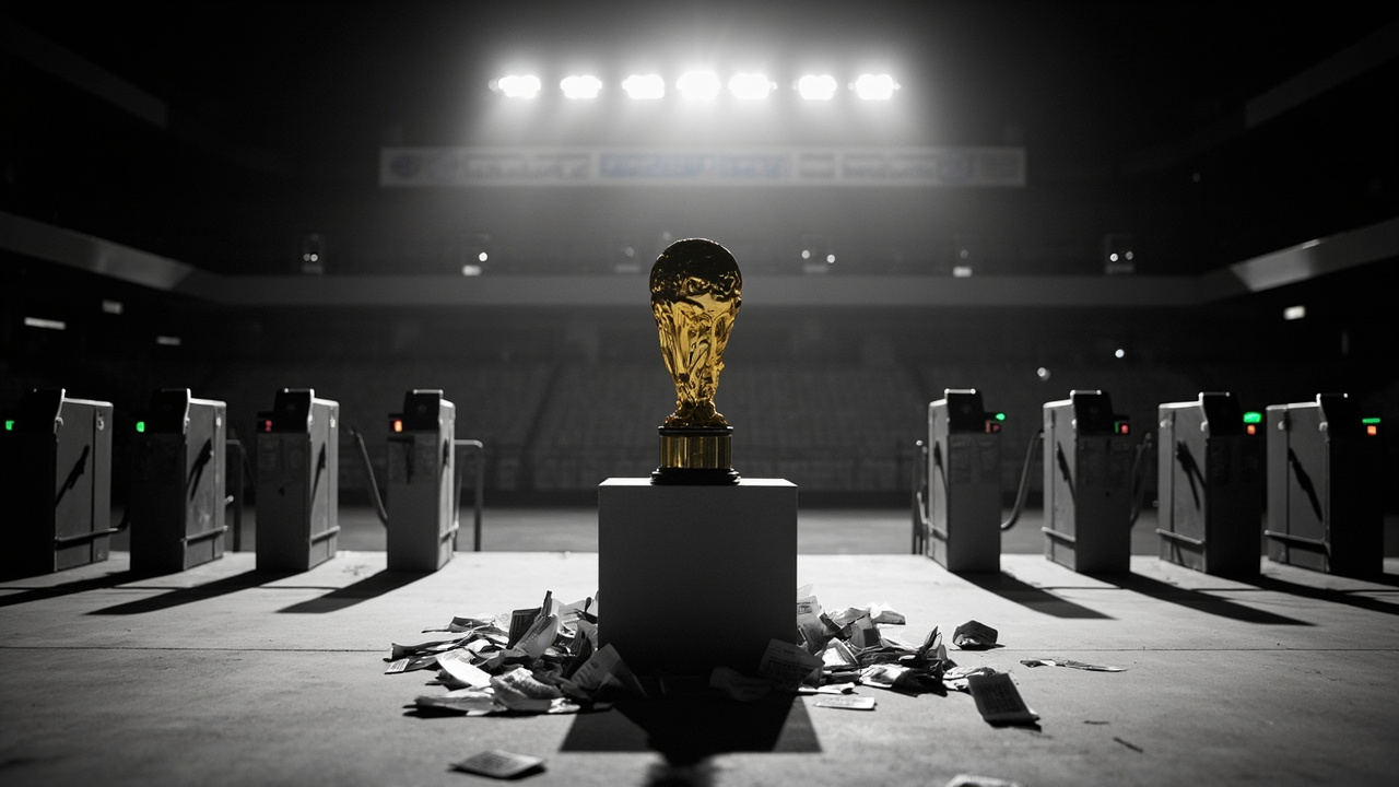Golden trophy on pedestal with price tags scattered around empty stadium gates and turnstiles in harsh lighting