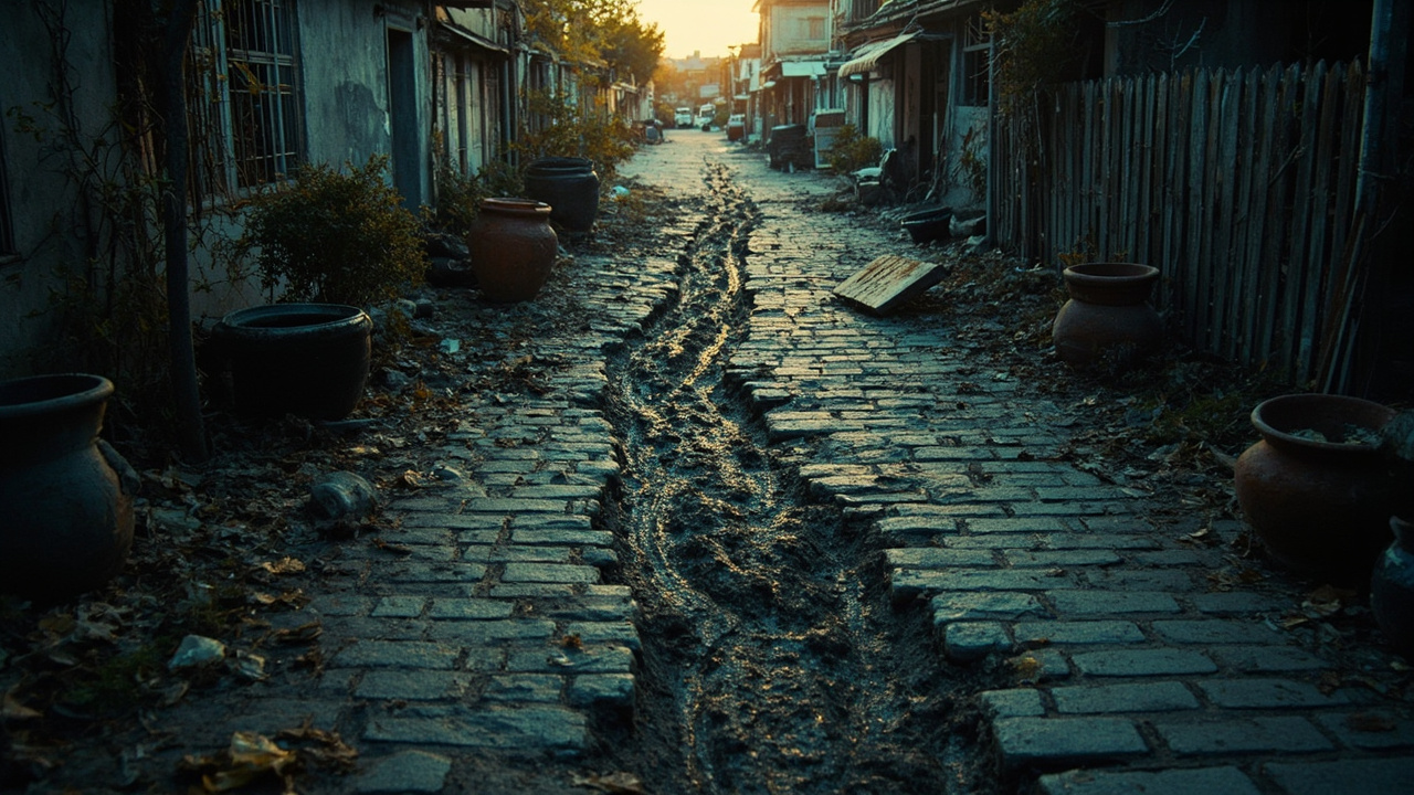 Empty village courtyard with damaged fence, muddy tracks, and overturned planters after wildlife incident