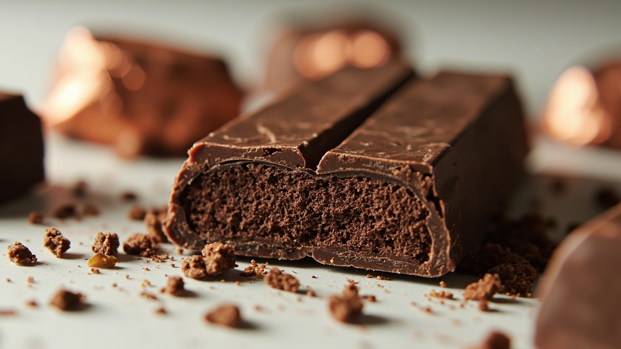 Broken chocolate bar pieces scattered on white surface showing interior texture and crumb structure differences