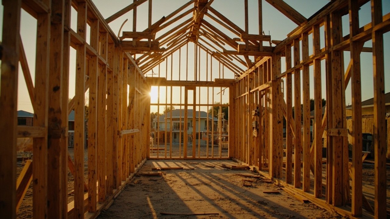 Exposed wooden wall studs and framework of a house under reconstruction, showing raw structural elements