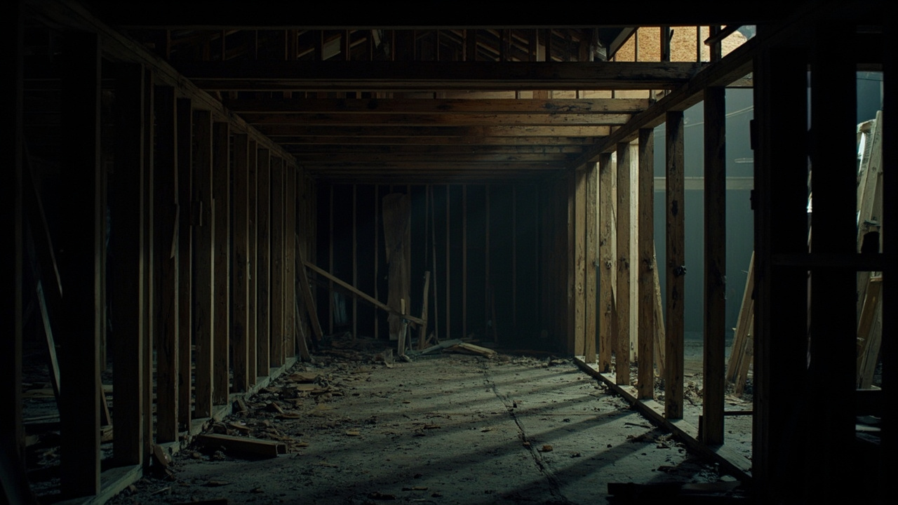 Bare wooden studs and exposed framework of house interior under reconstruction after storm damage