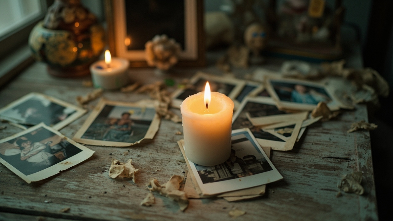 Lit candle glowing beside vintage photographs and cake remnants on wooden table in soft natural light