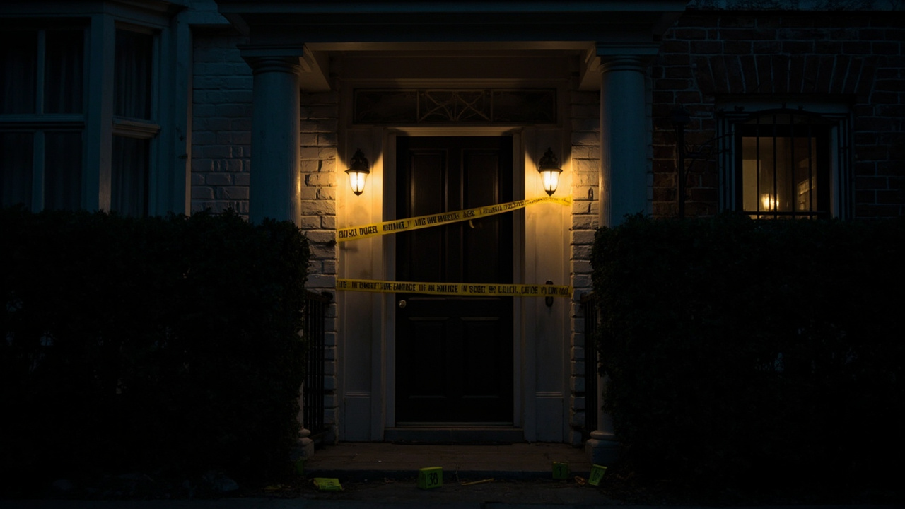 Closed front door with yellow caution tape across entrance at dusk, evidence markers on ground, iron gate and hedges visible