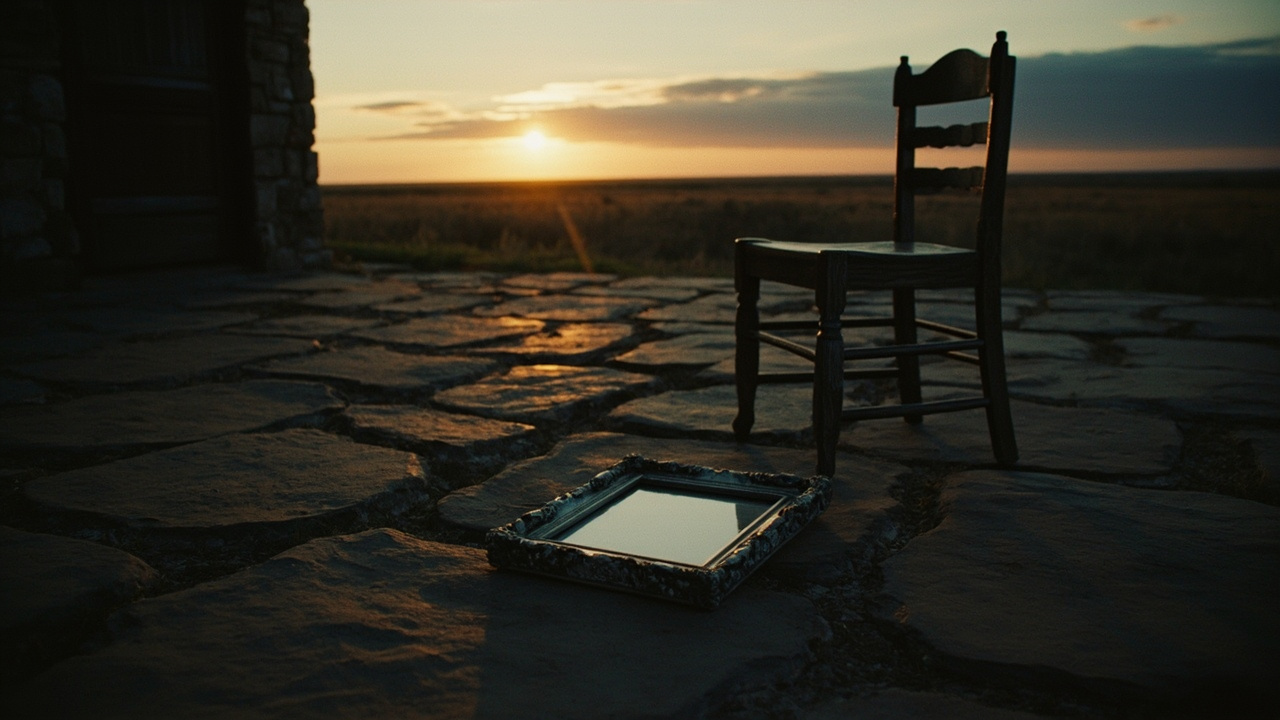 Silver picture frame lying on stone patio at dusk with empty chair and distant Texas landscape
