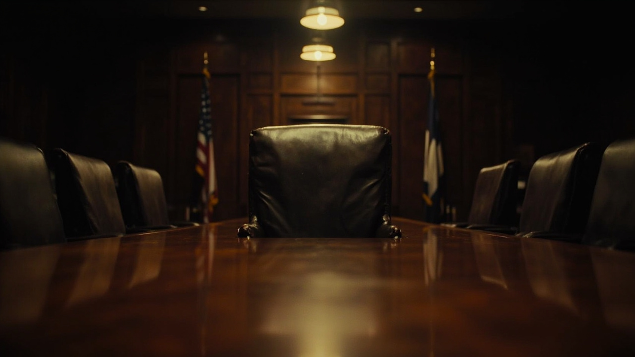 Vacant leather executive chair at head of polished wooden conference table in formal meeting room with American flags
