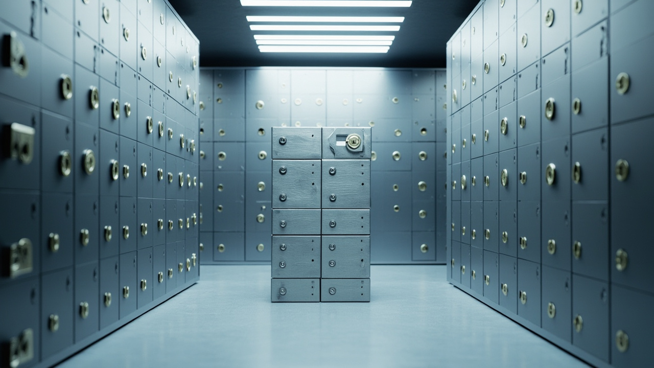 Rows of sealed metal deposit boxes in a vault representing frozen financial assets and institutional credit mechanisms