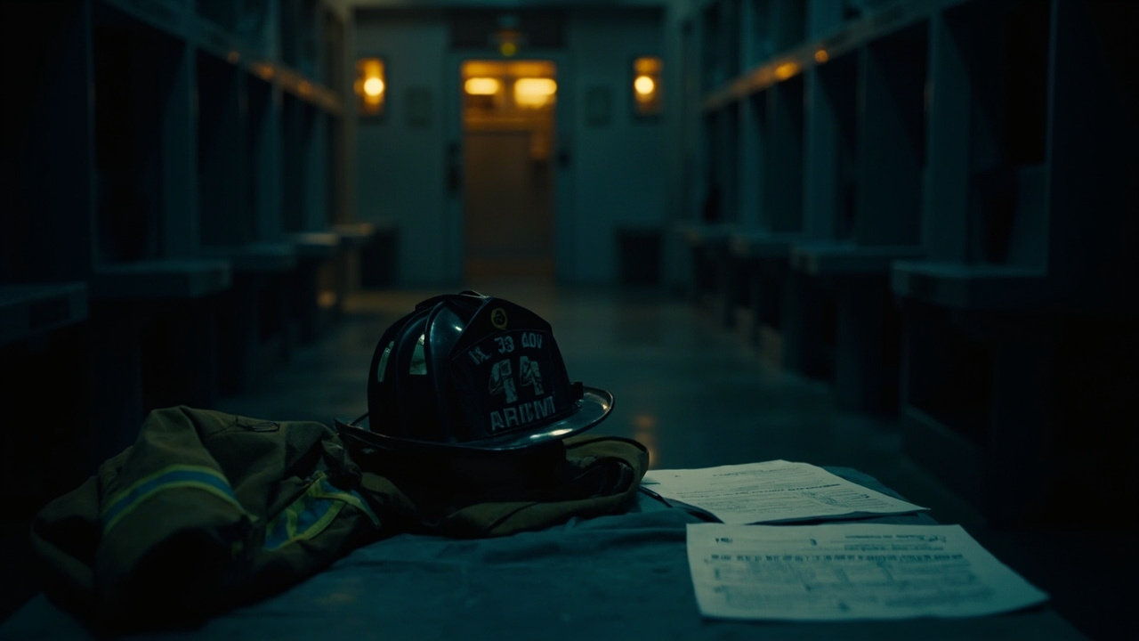 Firefighter helmet and folded uniform on bench in quiet station locker room with papers nearby