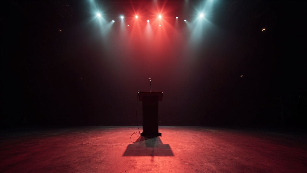 Empty podium on dark stage with dramatic spotlight in large convention hall