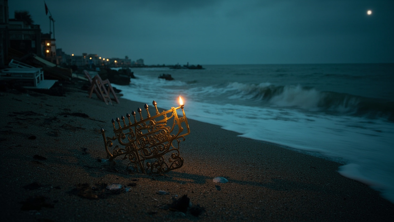 Menorah abandoned on empty beach at twilight, scattered belongings and overturned furniture visible on sand near dark ocean