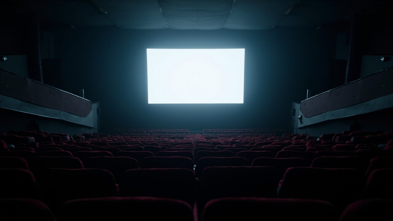 Dark cinema auditorium with empty red seats and a glowing blank screen awaiting a film premiere