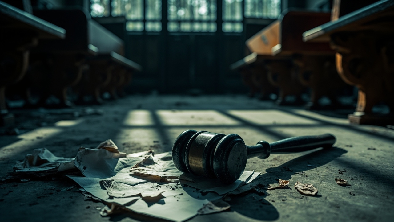 Steel hammer and gavel on wooden court desk with shadows from iron bars in empty courtroom