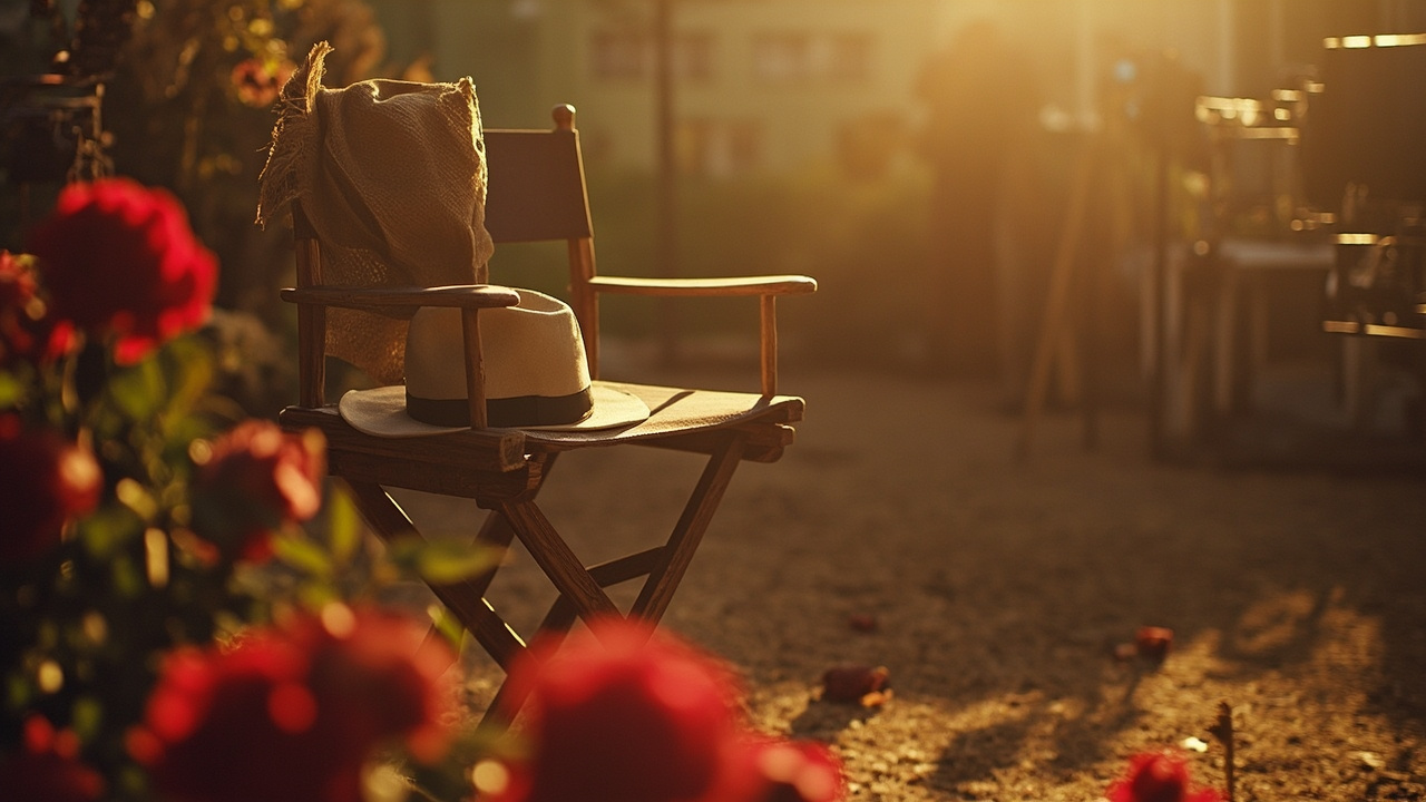 Empty director's chair with vintage hat in rose garden, soft afternoon light filtering through foliage