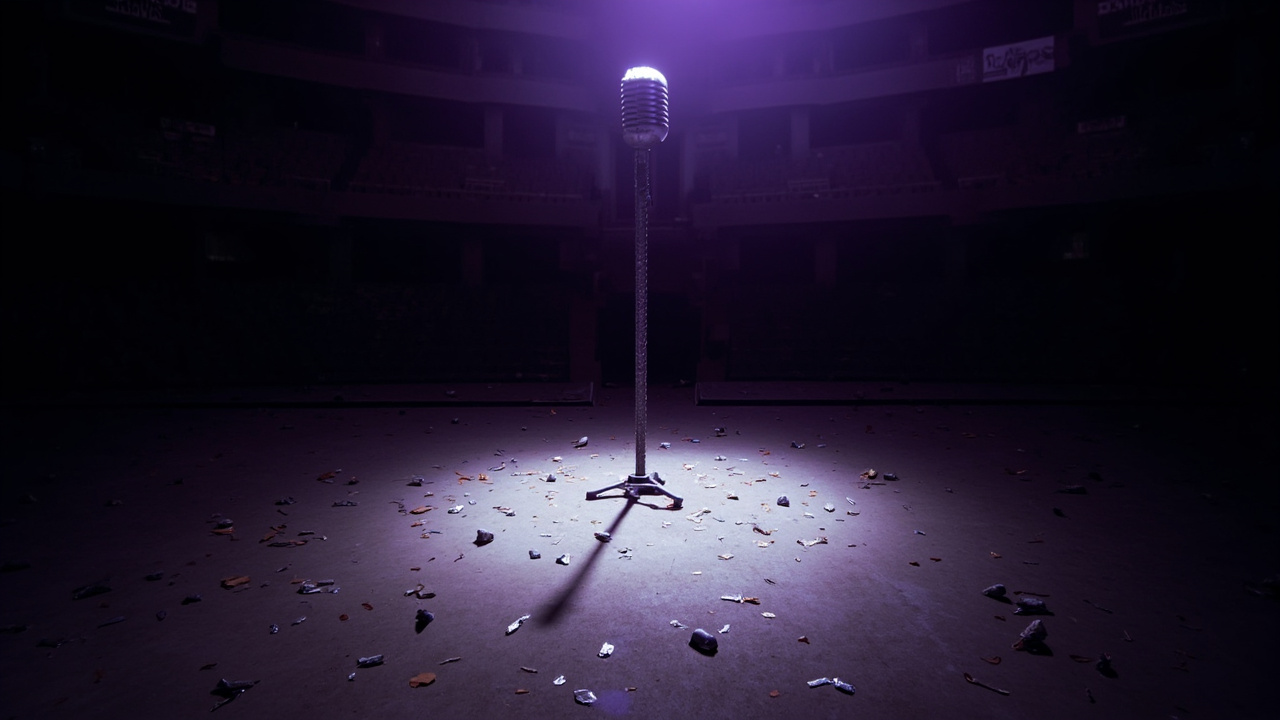 Solitary microphone stand on dark concert stage with purple lighting and scattered confetti on floor