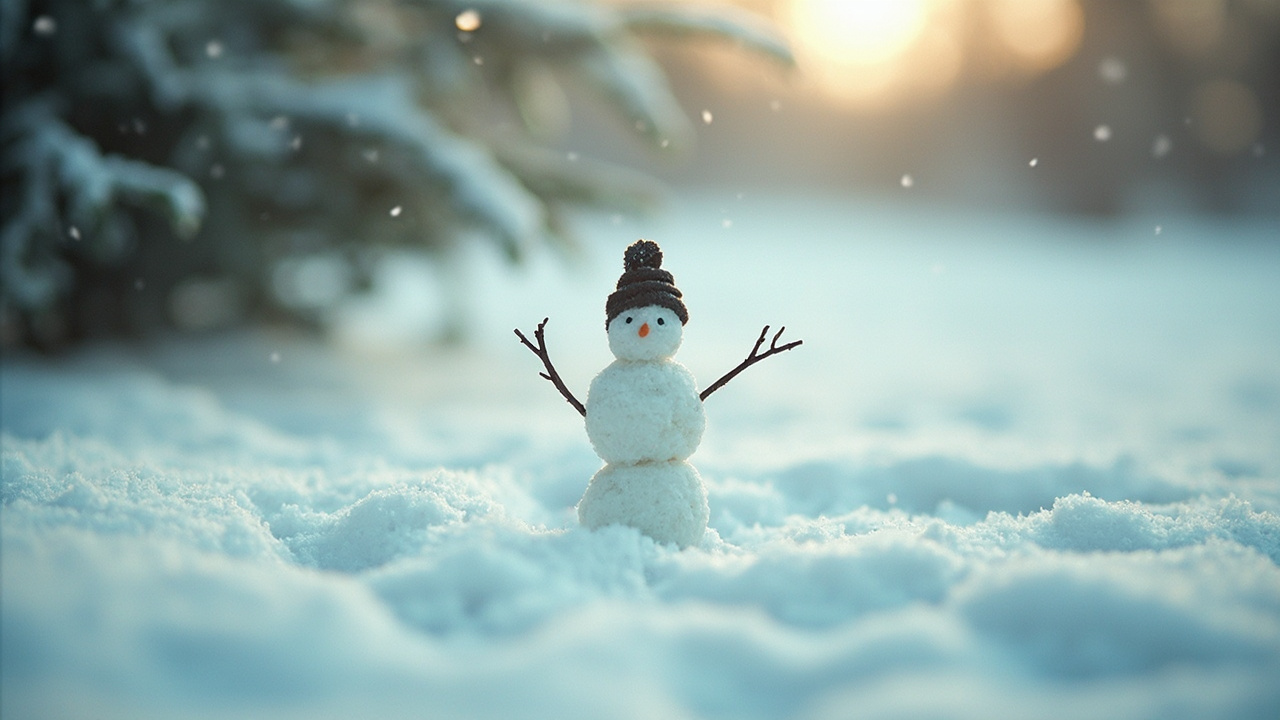 Small snowman in fresh snow with gentle snowfall and evergreen branches in soft winter light