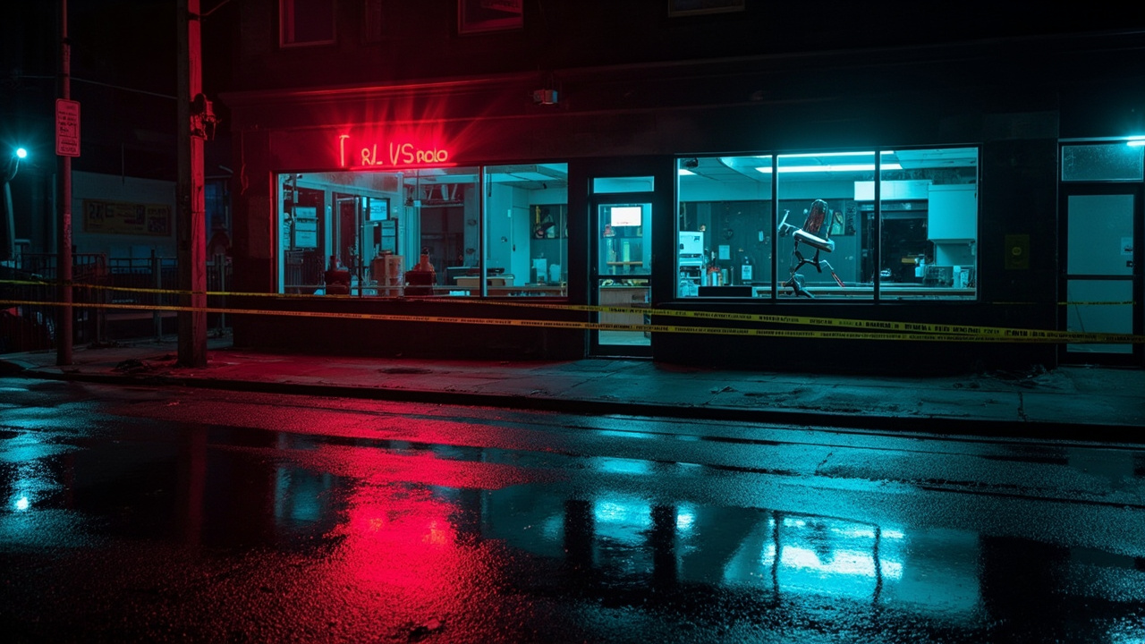 Yellow police tape seals off empty burger restaurant entrance at night with red emergency lights reflecting on street