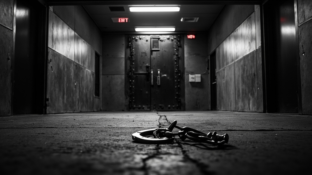 Steel handcuffs on concrete floor beside reinforced security door in institutional corridor