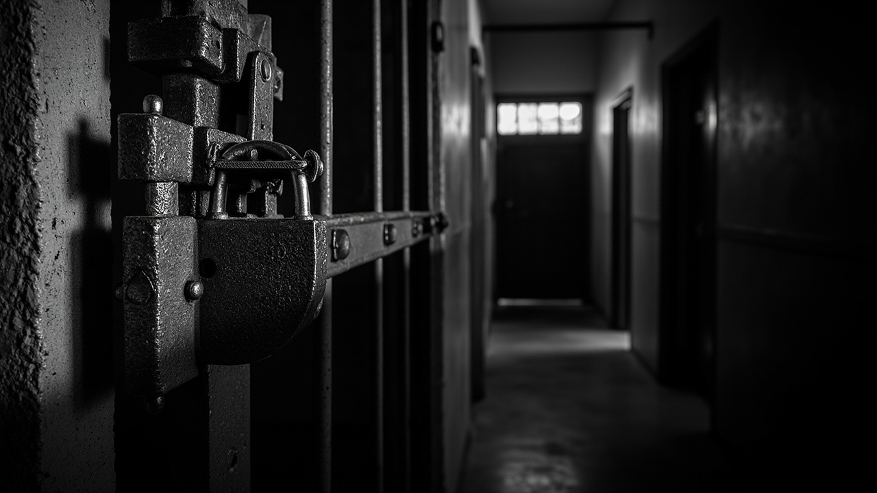 Heavy steel lock mechanism on jail cell bars in institutional corridor with concrete walls and harsh overhead lighting