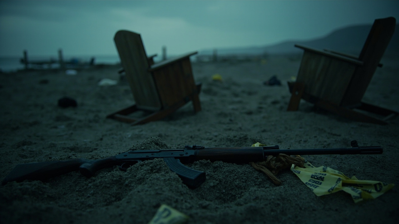 Abandoned weapon and overturned furniture on sandy beach cordoned by yellow emergency tape under overcast sky