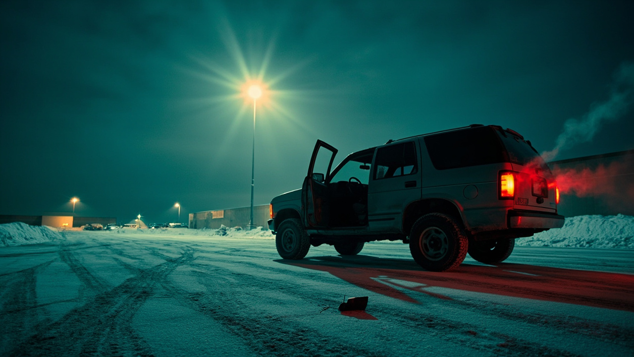 Empty enforcement vehicle parked in winter retail lot at dusk, passport on ground, cold blue light