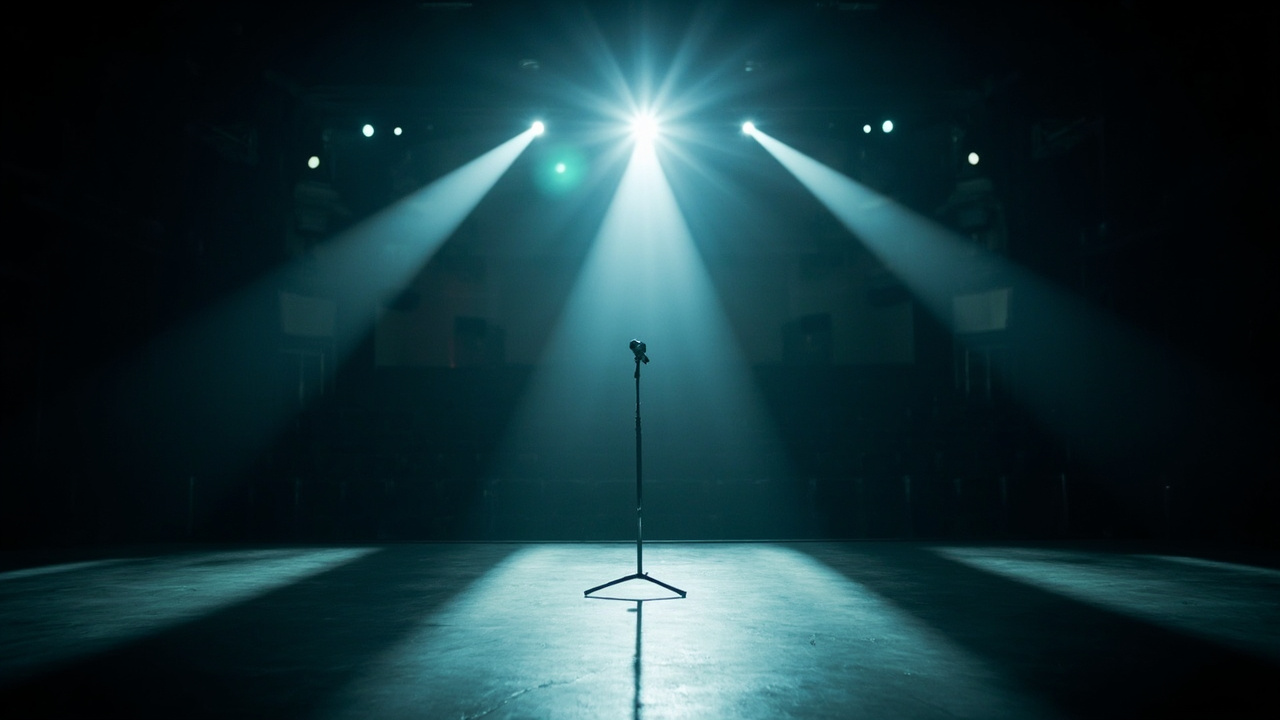 Empty stage with single microphone stand under blue spotlight in dark auditorium with vacant seats