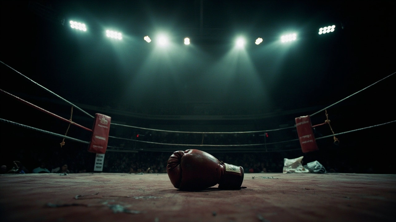 Empty boxing ring with single red glove on canvas under dramatic spotlight in dark arena