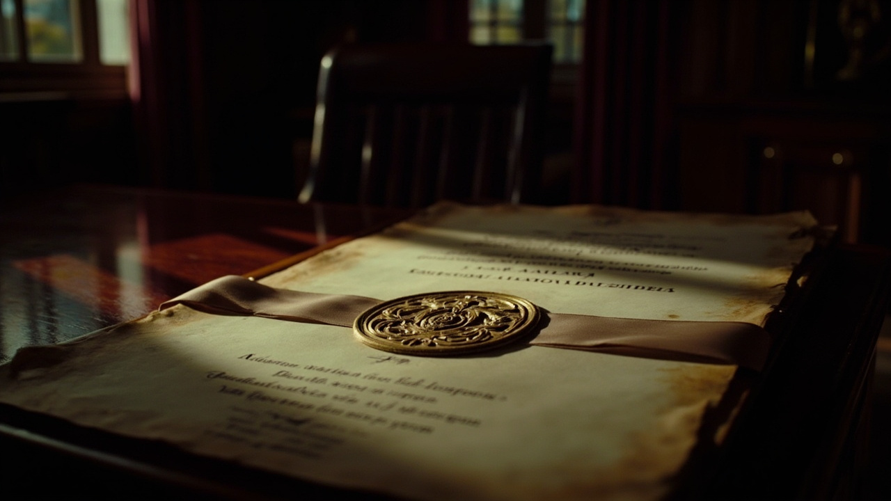 Embossed golden seal on aged parchment document with ribbon on polished mahogany desk beside fountain pen