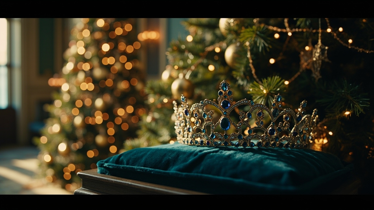 Historic jeweled tiara displayed near illuminated Christmas tree in grand royal residence interior