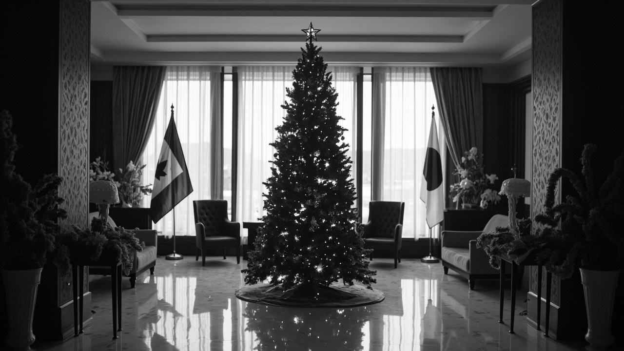 Christmas tree with ornaments next to Canadian and Japanese flags in formal reception room