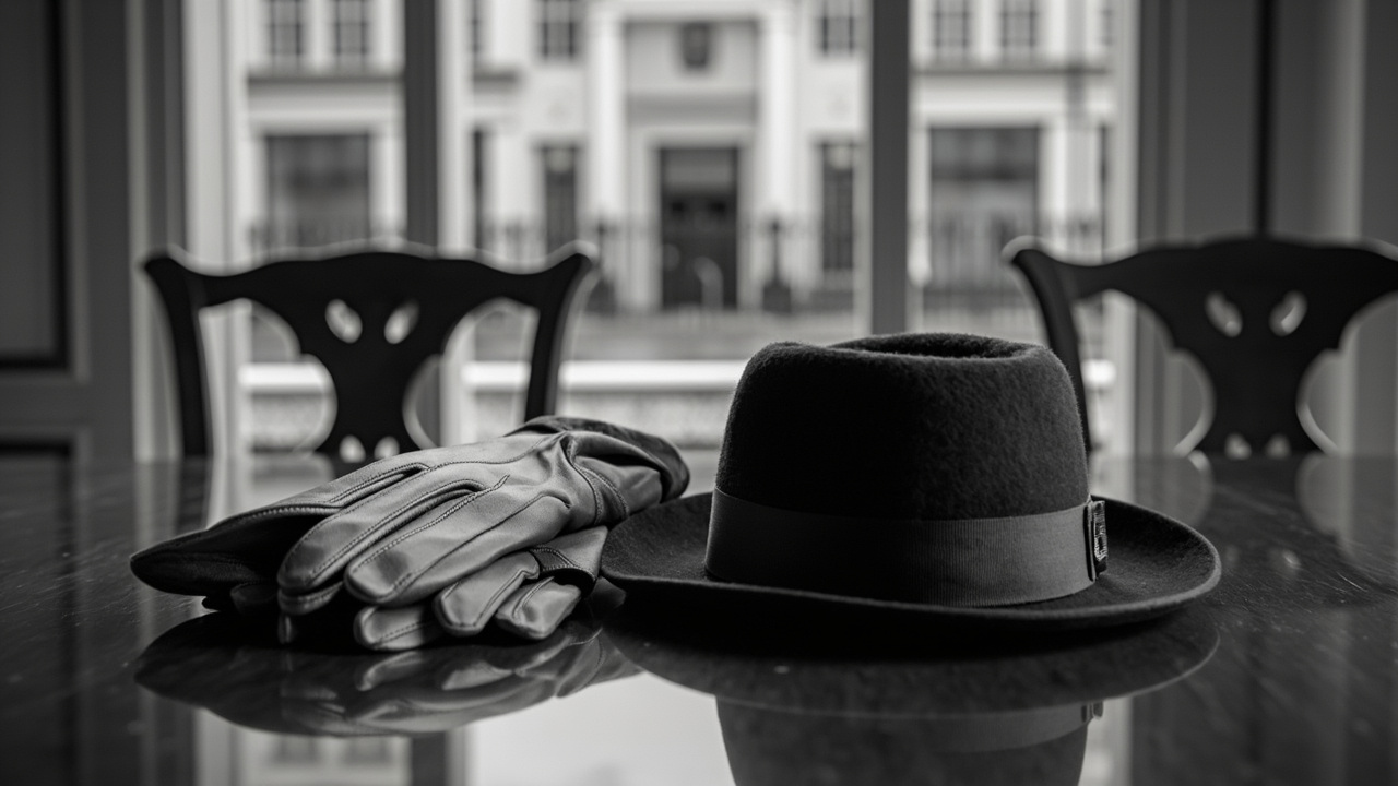 Elegant formal gloves and designer hat on wooden surface before historic town hall doors in soft winter light
